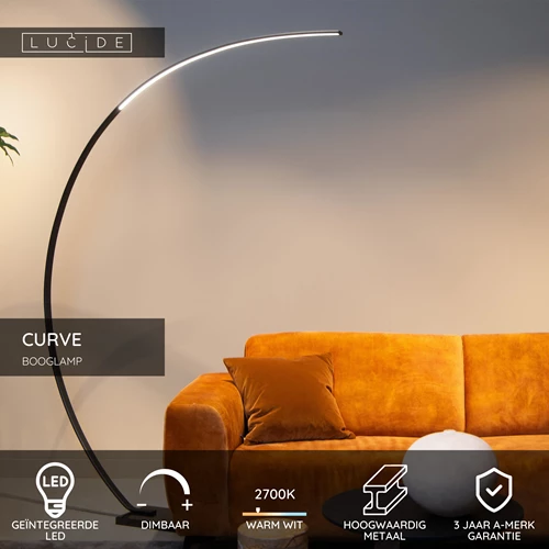Lucide CURVE - Booglamp - LED Dimb. - 1x15W 2700K - Zwart - USP
